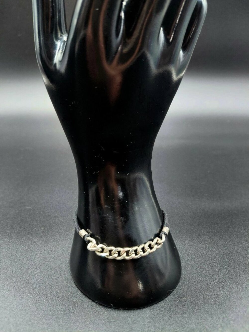 Silver Tone Black Cord Bracelet Wrapped Wire Hook Eye Costume Fashion Jewelry
